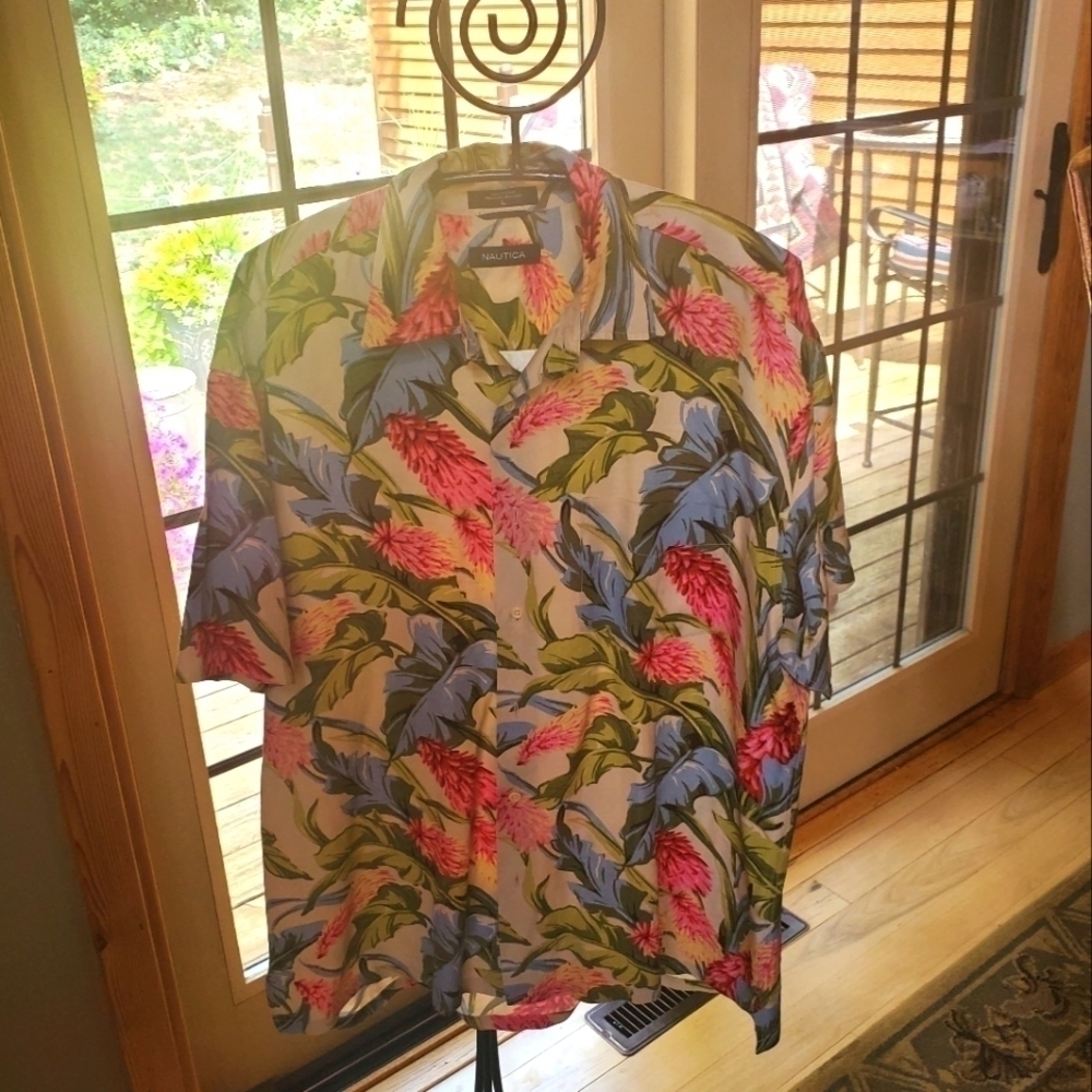 Nautica Silk & Linen Soft Tropical Hawaiian Vibes SS Casual Button Sz. L‎ Shirt